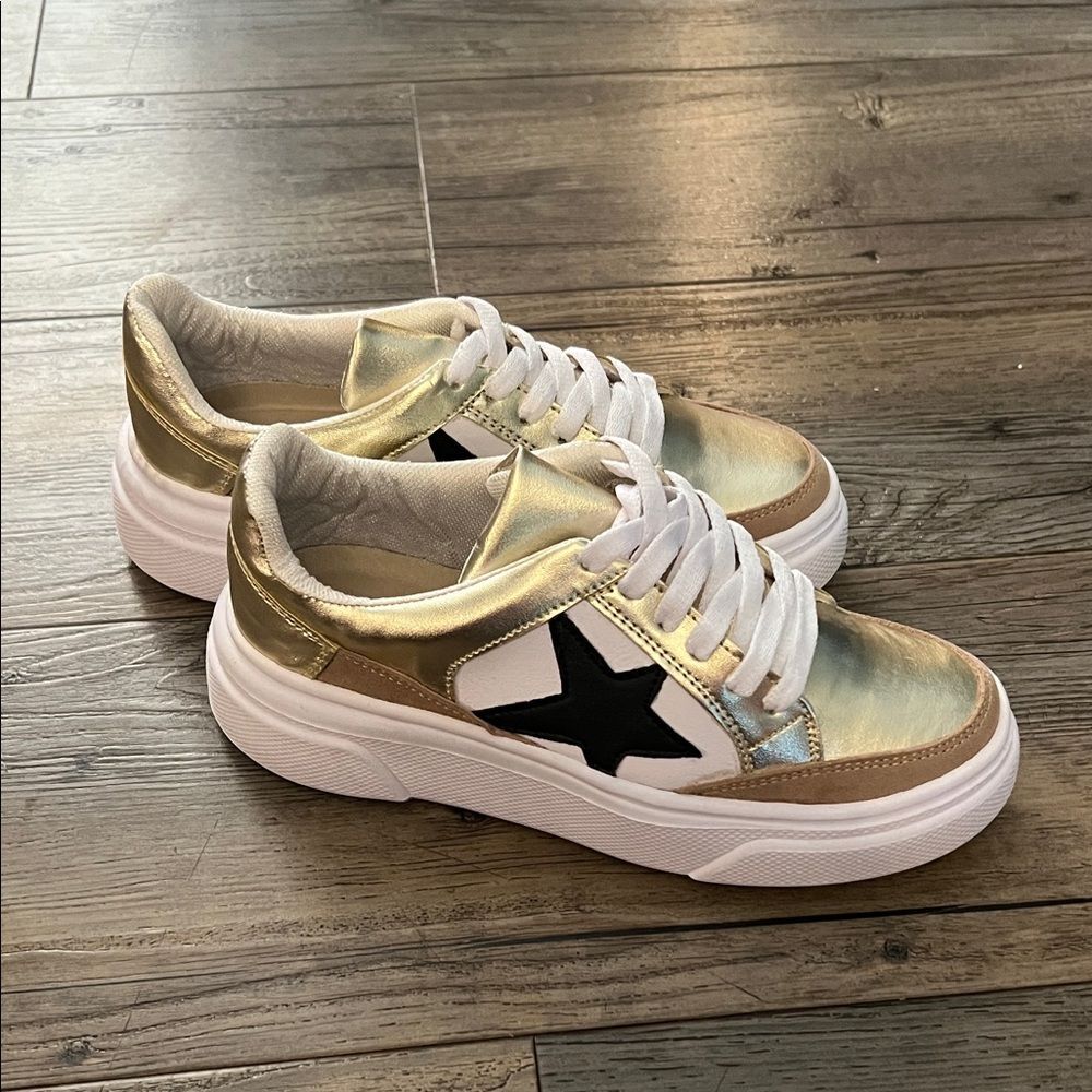 Pink Lily Shiny Gold Sneakers with Bold Black Star